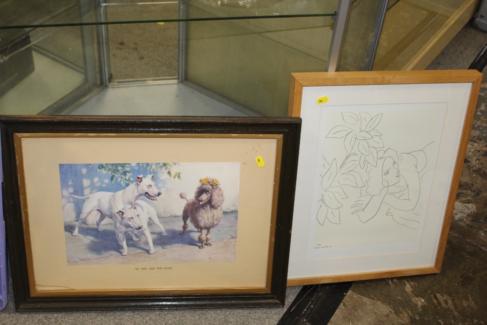 CHRISTOPHER GIFFORD AMBLER - A FRAMED AND GLAZED PRINT OF DOGS ENTITLED HE, SHE AND THE HUSSY, TOGE