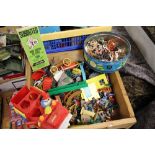 A BOX OF VINTAGE TOYS TO INCLUDE FARMYARD TOYS, MICKEY MOUSE EXAMPLE ETC.