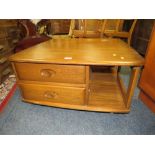 AN ERCOL LOW SQUARE COFFEE TABLE WITH TWO DRAWERS H-39 CM W-80 CM