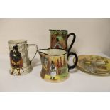 A ROYAL DOULTON SERIESWARE JUG, TOGETHER WITH A SMALLER JUG, PLATE AND TANKARD (4) A/F