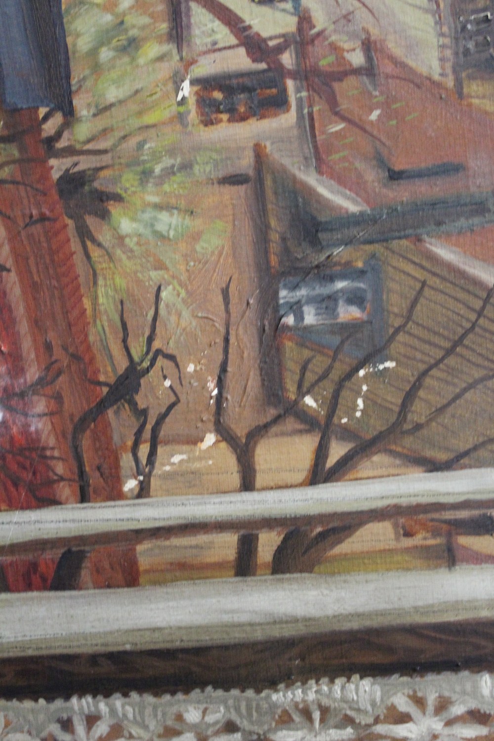AN UNFRAMED OIL ON CANVAS DEPICTING A ROOFTOP SCENE, 50.5 X 40 CMNOTE - HOLE TO LEFT SIDE OF CANVAS - Image 2 of 4