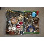 TWO TRAYS OF ASSORTED METALWARE TO INCLUDE TANKARDS, BRASS FIGURES, ETC.