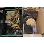 TWO BOXES OF ASSORTED METALWARE TO INCLUDE CASED CUTLERY, VINTAGE SCALES, MODERN REINDEER ORNAMENT