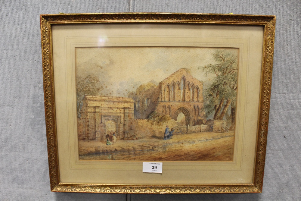 A FRAMED AND GLAZED EARLY WATERCOLOUR WITH FIGURES AND RUINS, 30 x 22 cm