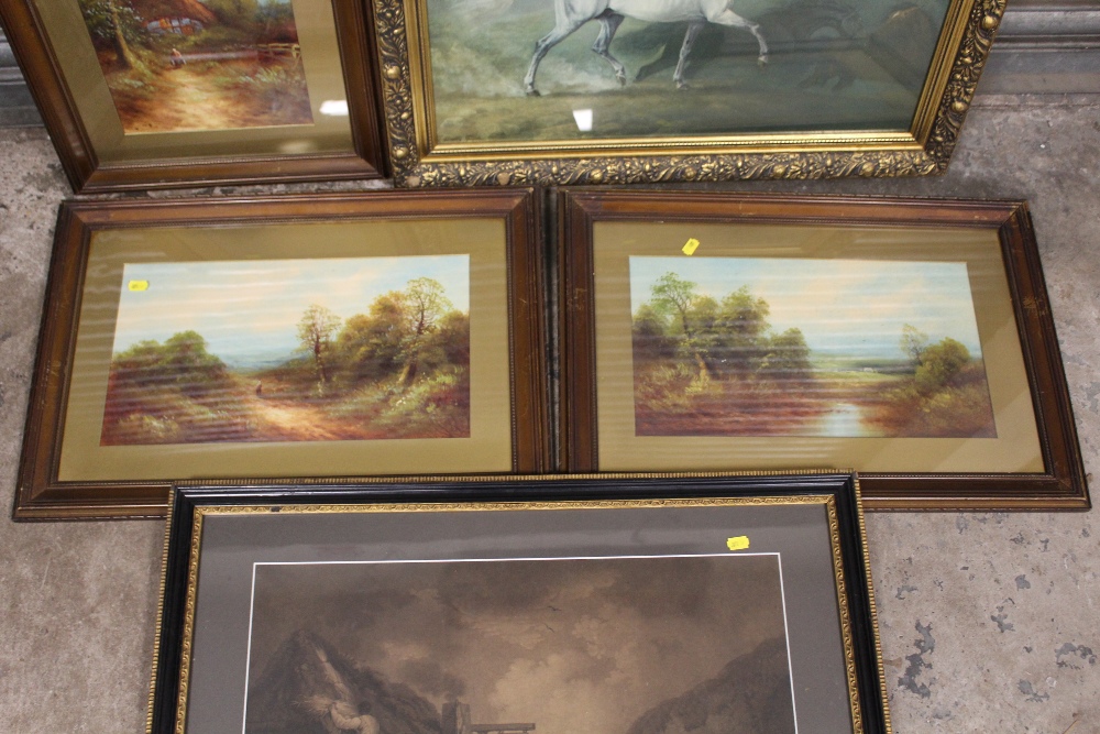 A PAIR OF FRAMED AND GLAZED OIL PAINTINGS OF COUNTRY LANDSCAPES TOGETHER WITH ANOTHER, A PRINT OF - Image 2 of 2