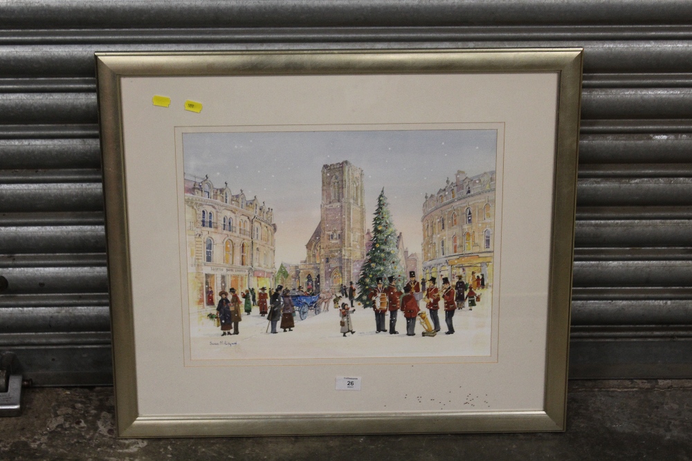 A LARGE MODERN FRAMED AND GLAZED WATERCOLOUR OF A CHRISTMAS TOWN SCENE, SIGNED SUSAN M. RIDYARD