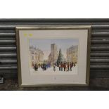 A LARGE MODERN FRAMED AND GLAZED WATERCOLOUR OF A CHRISTMAS TOWN SCENE, SIGNED SUSAN M. RIDYARD