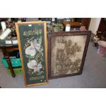 A VINTAGE OAK FRAMED TAPESTRY OF A WATER MILL TOGETHER WITH A NEEDLE WORK OF BIRDS