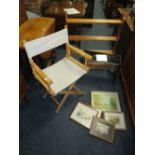 A PINE RACK, DIRECTORS CHAIR, QUANTITY OF PICTURES AND SMALL TABLE (4)