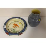 A HANDPAINTED EMPIRE WARE SHALLOW BOWL WITH BIRD DETAIL DIA. 28 CM, TOGETHER WITH A BRETBY VASE (2)