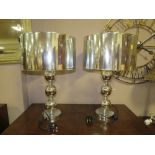 A PAIR OF MODERN SILVER LARGE TABLE LAMPS AND SHADES H-62 CM (OVERALL)