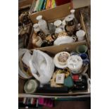 TWO TRAYS OF ASSORTED CERAMICS TO INCLUDE WEDGWOOD JASPERWARE, AYNSLEY, ETC.