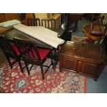 A DRAWLEAF TABLE AND CHAIRS, BLANKET BOX AND RUG