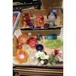 TWO TRAYS OF VARIOUS COLOURED GLASSWARE