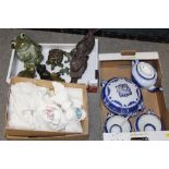 A SMALL TRAY OF BLUE AND WHITE CHINA TOGETHER WITH A BOX OF FROG ORNAMENTS ETC. AND A TRAY OF