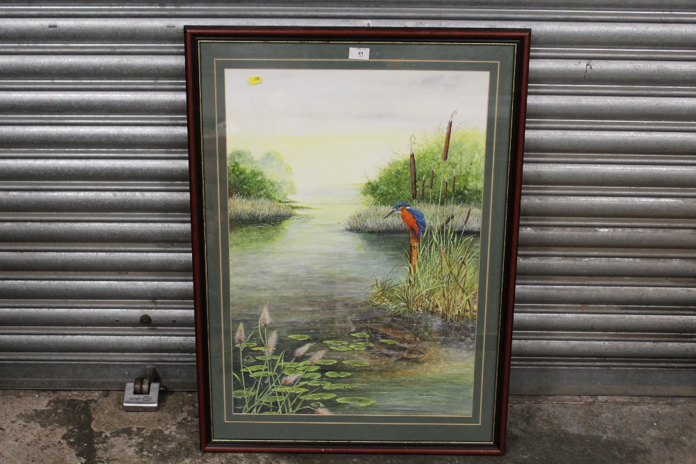 A LARGE FRAMED AND GLAZED WATERCOLOUR STUDY OF A KINGFISHER ENTITLED ' I CAN TELL A TALE' BY JOHN