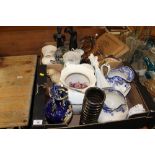 TWO TRAYS OF ASSORTED CERAMICS TO INCLUDE BLUE AND WHITE JUGS, WADE WHIMSIES, BESWICK HORSE (BROKEN)