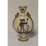 A VINTAGE CERAMIC TUBE LINED MOON FLASK WITH FIGURAL DETAIL, H 25 CM