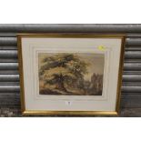 A GILT FRAMED AND GLAZED WATERCOLOUR DEPICTING A COUNTRY PATH BESIDE A CASTLE, INDISTINCTLY SIGNED