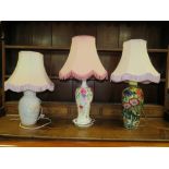 THREE MODERN FLORAL TABLE LAMPS WITH SHADES (3)