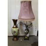 A BRASS AND CERAMIC EWER SHAPED LAMP WITH FIGURAL DETAIL, TOGETHER WITH A SIMILAR TORTOISE SHAPED