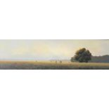 LAWRENCE COULSON (B. 1962). 'Morning Dew'. Signed lower left, mixed media on board, framed, 30 x 102