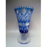 A LARGE BOHEMIAN WEBB CORBETT BLUE FLASH CUT GLASS VASE, unsigned example, of flared form raised