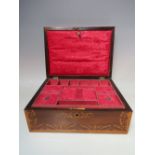 AN INLAID ROSEWOOD SEWING BOX WITH FITTED INTERIOR, W 30 cm, D 22 cm, H 12.5 cm
