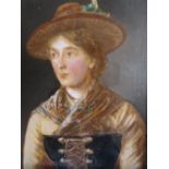 (XIX). Portrait study of a continental woman with feathered hat, unsigned, mixed media on panel,