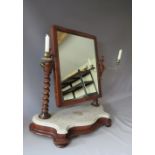 A VICTORIAN MAHOGANY SERPENTINE FRONTED DRESSING TABLE MIRROR, with marble top, barley twist columns