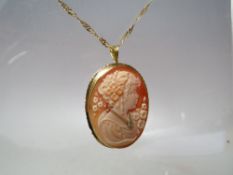 AN 18 CT GOLD CAMEO PENDANT BROOCH, marked 750, the carved portrait cameo with diamond embellishment