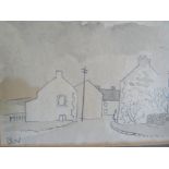 B.N. (XX) BRITISH SCHOOL. A stormy village street scene with figure, signed with initials lower