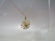 A 15CT GOLD SEED PEARL PENDANT WITH DECORATIVE CHAIN, stamped 15ct to reverse of pendant, chain