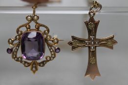 AN EDWARDIAN STYLE 9 CT GOLD AMETHYST AND SEED PEARL BROOCH, H 3.2 cm, together with an early 20th