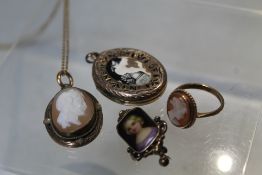 A 9CT GOLD AND CAMEO DRESS RING, ring size K, together with a gilt framed cameo pendant and chain, a
