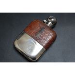 A HALLMARKED SILVER AND CROCODILE SKIN HIP FLASK - SHEFFIELD 1906, base of silver cup stamped '