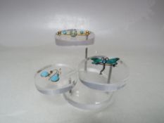A PAIR OF 9 CT GOLD AND TURQUOISE DROPPER EARRINGS, together with an unmarked yellow metal seed