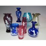 A COLLECTION OF ANTIQUE AND LATER MARY GREGORY GLASS VASES ETC., varying colours and applied