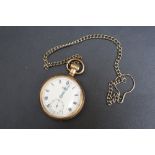 A VERTEX OPEN FACED MANUAL WIND GOLD PLATED POCKET WATCH, on silver plated chain, Dia 5 cm Condition