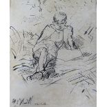 (XX). A study of a young boy resting in the grass, signed and dated 1935 lower left, pen and ink