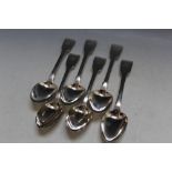 A MATCHED SET OF SIX HALLMARKED FIDDLE PATTERN SILVER TABLE SPOONS, all having makers mark JH,