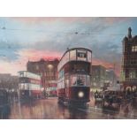 AFTER DON BRECKON (XX). Rainy street scene with trams, cars and figures, signed in print lower