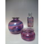 THREE ITEMS OF ISLE OF WIGHT PINK & PURPLE SWIRL ART / STUDIO GLASSWARE, comprising a large