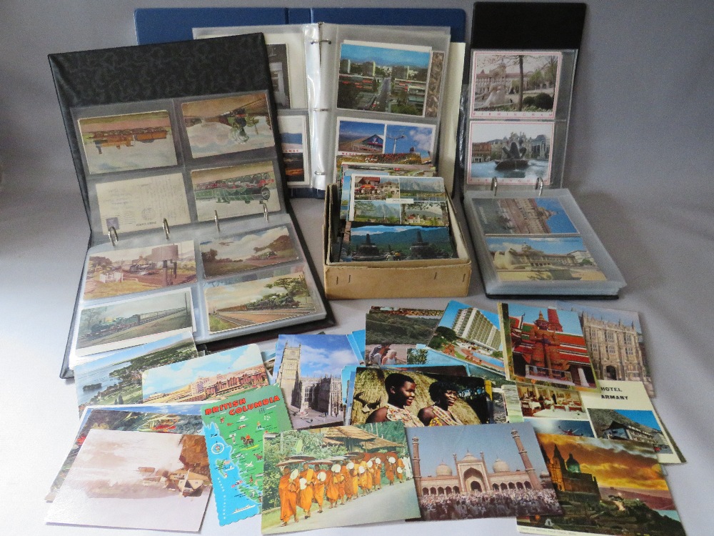 A FOLDER OF APPROX 70 VINTAGE AND MODERN RAILWAY AND STEAM LOCOMOTIVE POSTCARDS, together with two