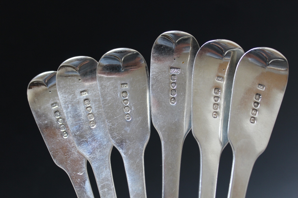 A MATCHED SET OF SIX HALLMARKED FIDDLE PATTERN SILVER TABLE SPOONS, all having makers mark JH, - Image 2 of 2