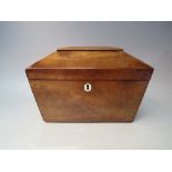 AN ANTIQUE MAHOGANY SARCOPHAGUS TEA CADDY, the hinged lid opening to reveal a twin lidded fitted