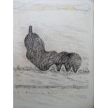 AFTER HENRY MOORE. A study of a large modernist sculpture in a field, bears signature upper left and