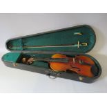 A CASED VIOLIN VUILLAUME A PARIS, with tiger wood bow and accessories, interior label reads 'Vuilla