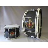 A ROSE MORRIS BOYS BRIGADE MARCHING BRASS DRUM AND A BOYS BRIGADE MARCHING SNARE DRUM, the brass dr