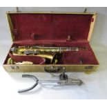 A VINTAGE PENNSYLVANIA TENOR SAX WITH ORIGINAL CASE AND PERIOD STAND, the lacquered brass body with